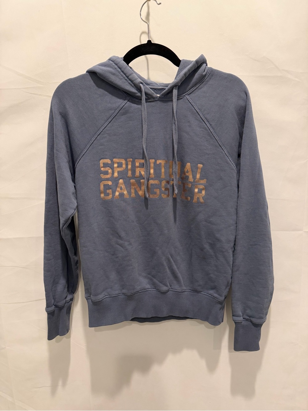 Spiritual Gangster Blue Hooded Sweatshirt with rose Gold print.size xsmall. Cozy
